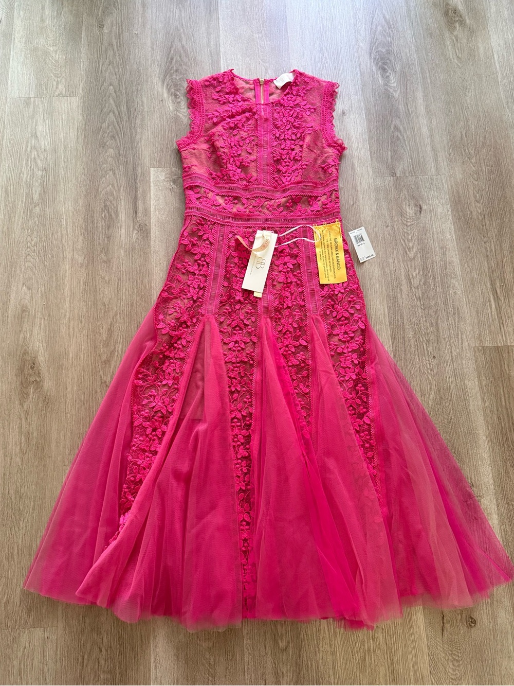 bronx and banco megan pink lace & tulle midi sleevless dress size large NEW
